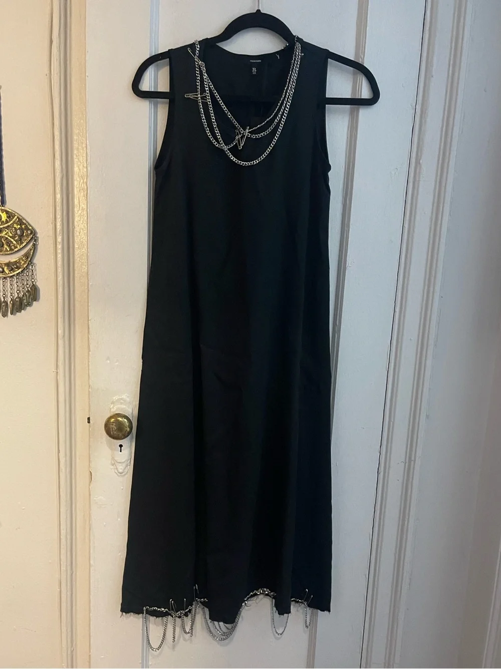 R13 Black Sleeveless Midi Dress with Chain at Neck & Hem